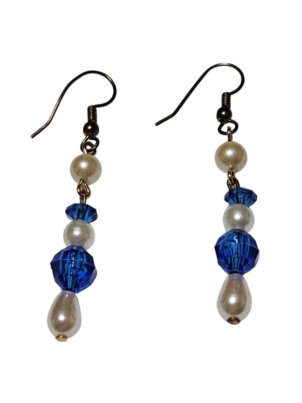 Vintage Teardrop Dangle Earrings Blue Faceted Bead Faux Pearl Fashion Jewelry